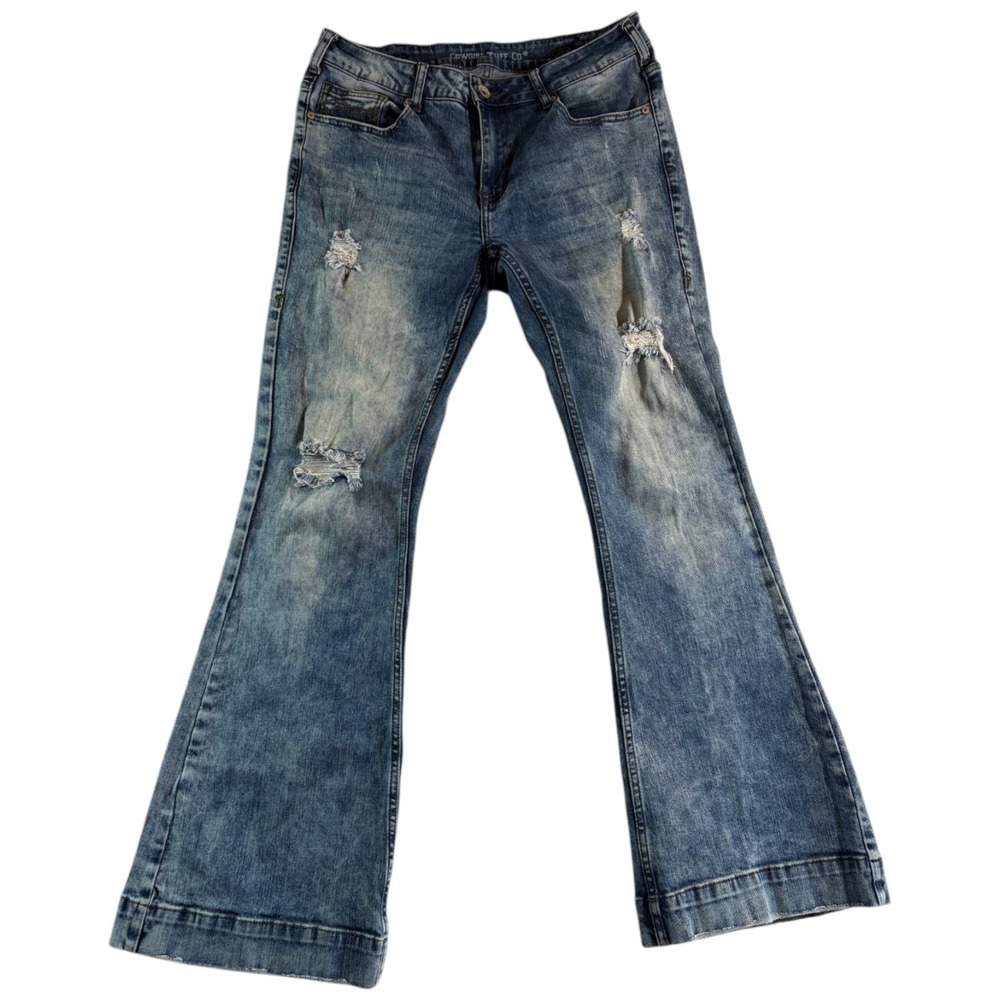 Cowgirl Tuff Co. Rip Tide Flared Jeans Women 32x33 (33x32) Blue Denim Distressed